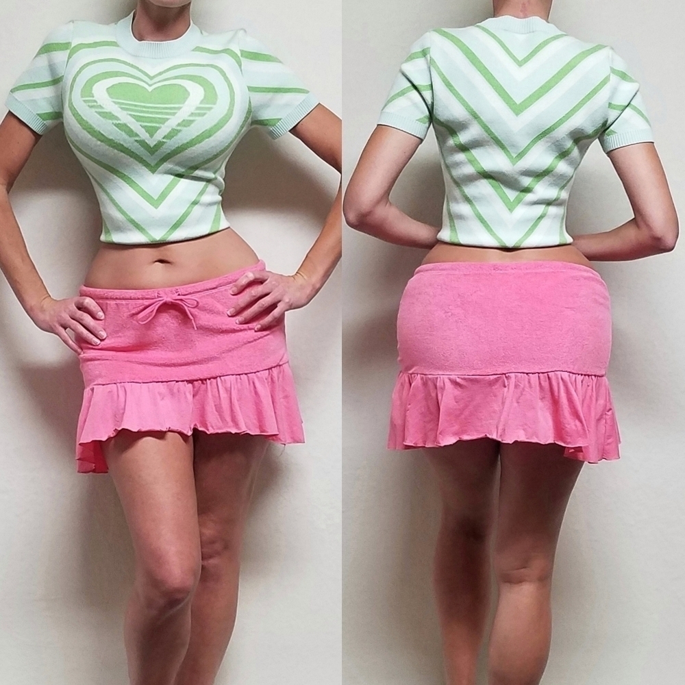 90s Vintage Maurices Bubblegum Pink Terrycloth Extra Low Rise Ultra Mini Skirt M - Picture 1 of 14